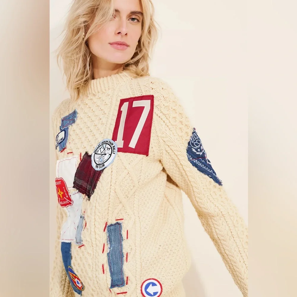 Free People Riley Vintage Patched Wool Blend Crewneck Sweater